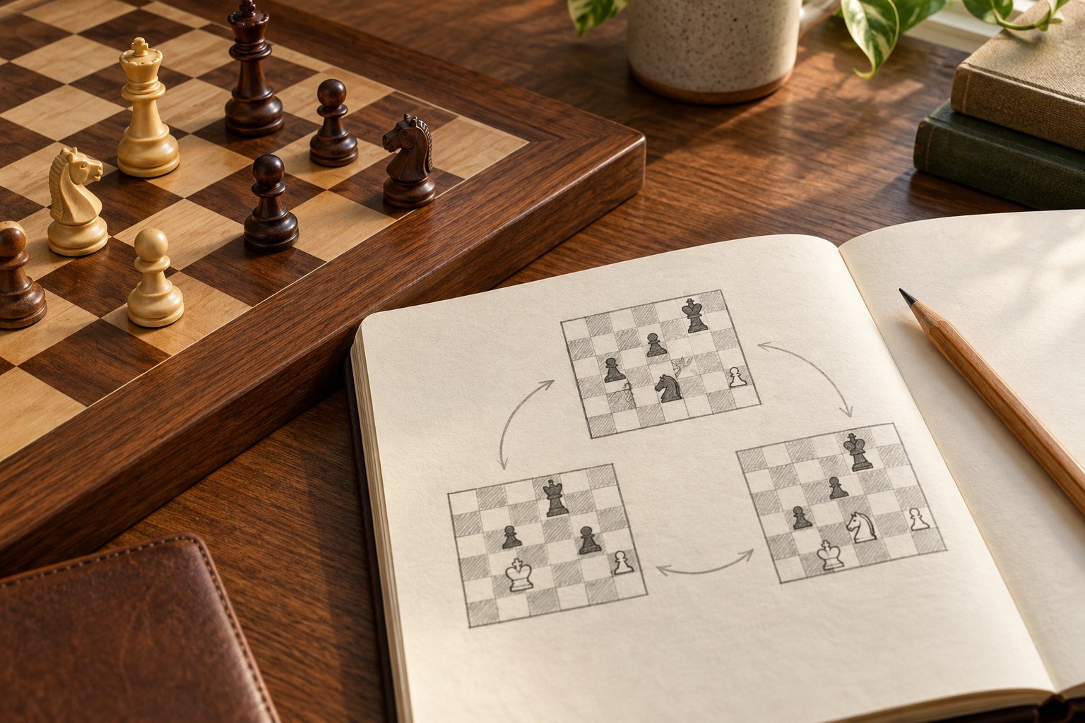 Chessboard and notebook with position studies arranged in a repeating practice cycle.