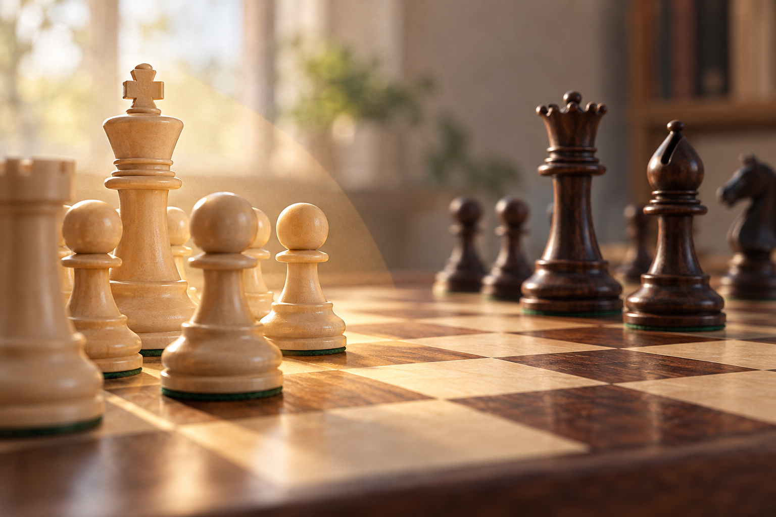 White king sheltered by pawns as opposing chess pieces approach.