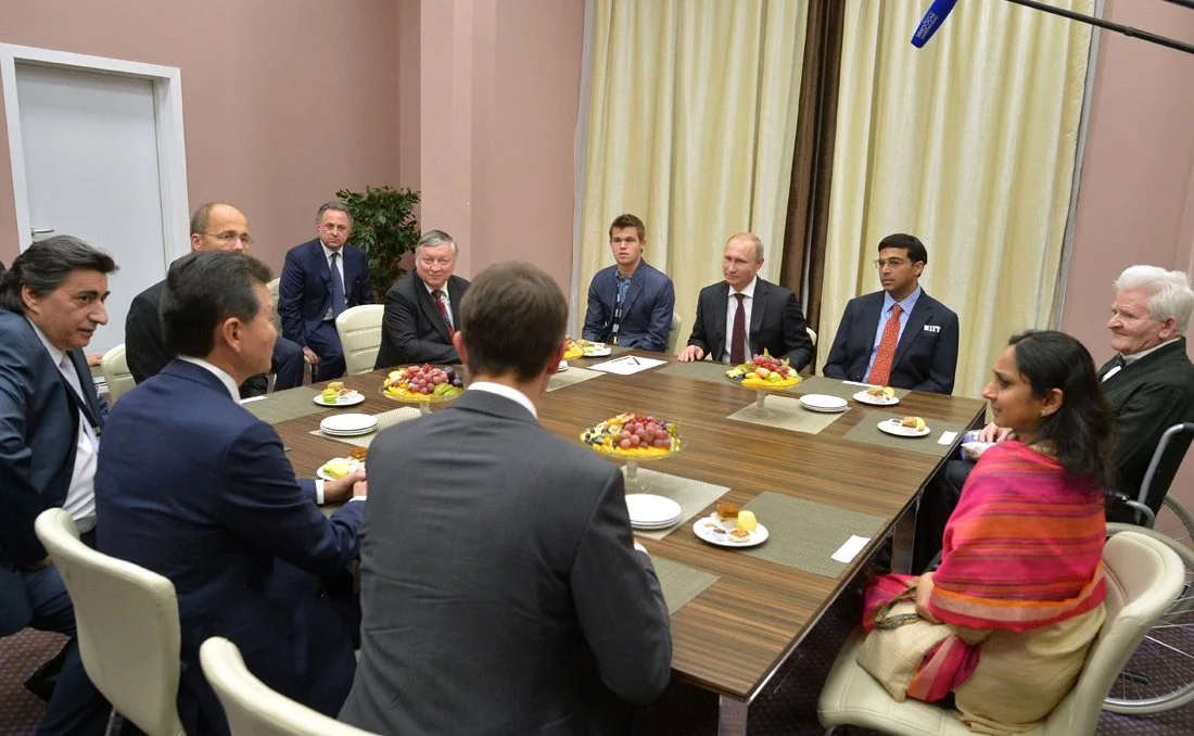 Anand and Carlsen at the championship closing events in Sochi, 25 November 2014.