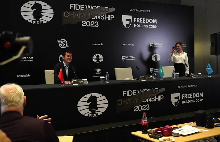 Ding Liren at the press conference after winning the 2023 World Chess Championship.