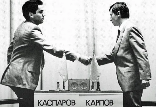 Garry Kasparov and Anatoly Karpov at their 1985 World Championship match in Moscow.