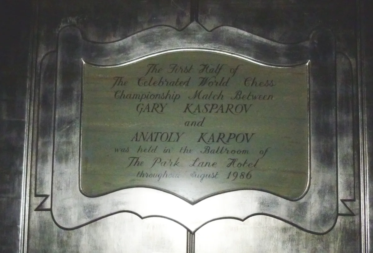 The plaque at London’s Park Lane Hotel commemorating the 1986 championship’s London half, photographed in 2012.