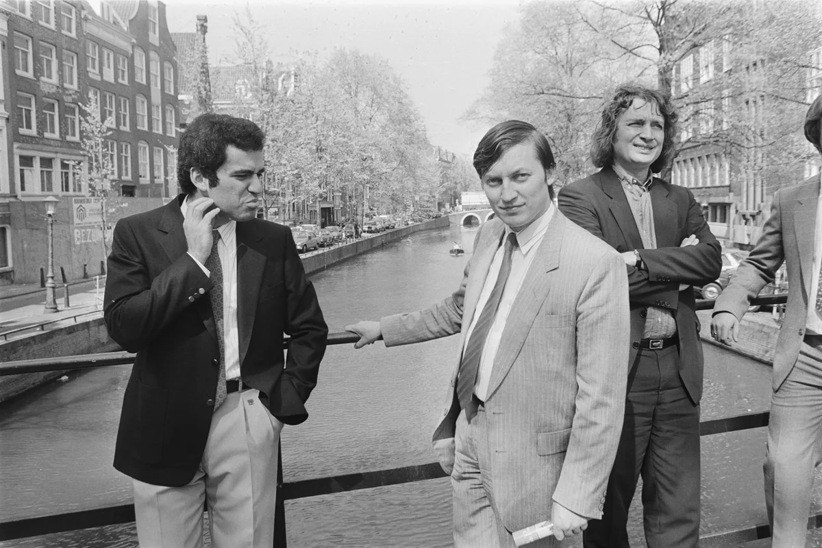 Kasparov, Karpov and Timman in Amsterdam on 28 April 1987, before the Seville championship match.